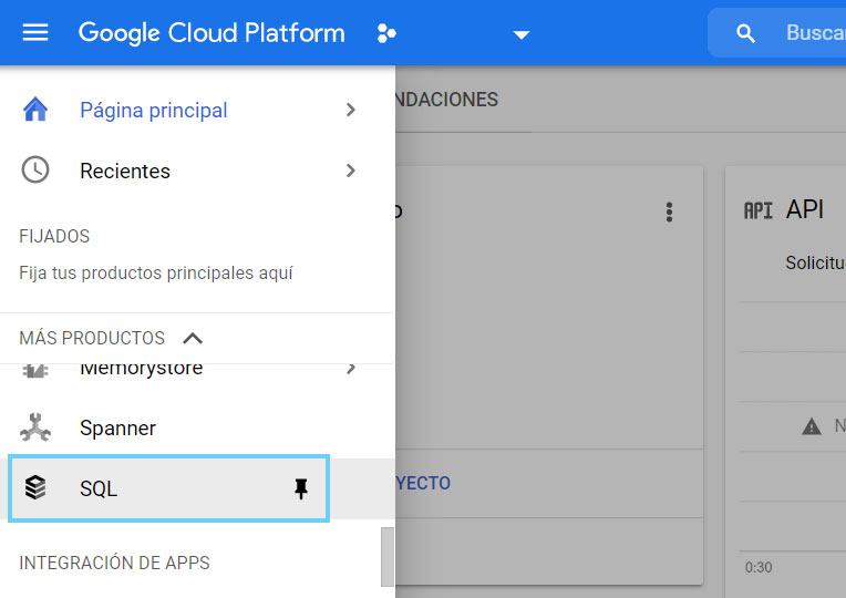 Menú izquierdo de Google Cloud