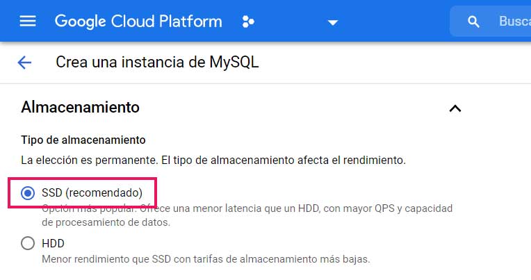 Tipo de Almacenamiento SSD